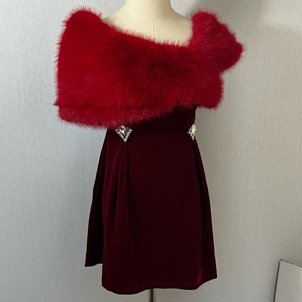NWT Sister Party Red Velvet Mini Dress Faux Fur Collar Shawl Valentine’s Day